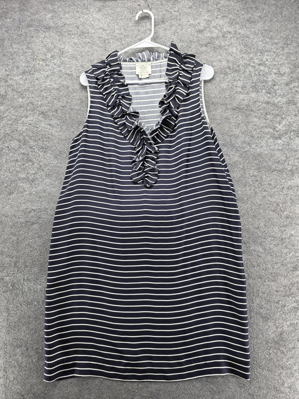 Kate Spade New York Dress Womens 12 Blue Striped Silk Shift Ruffle Knee Length